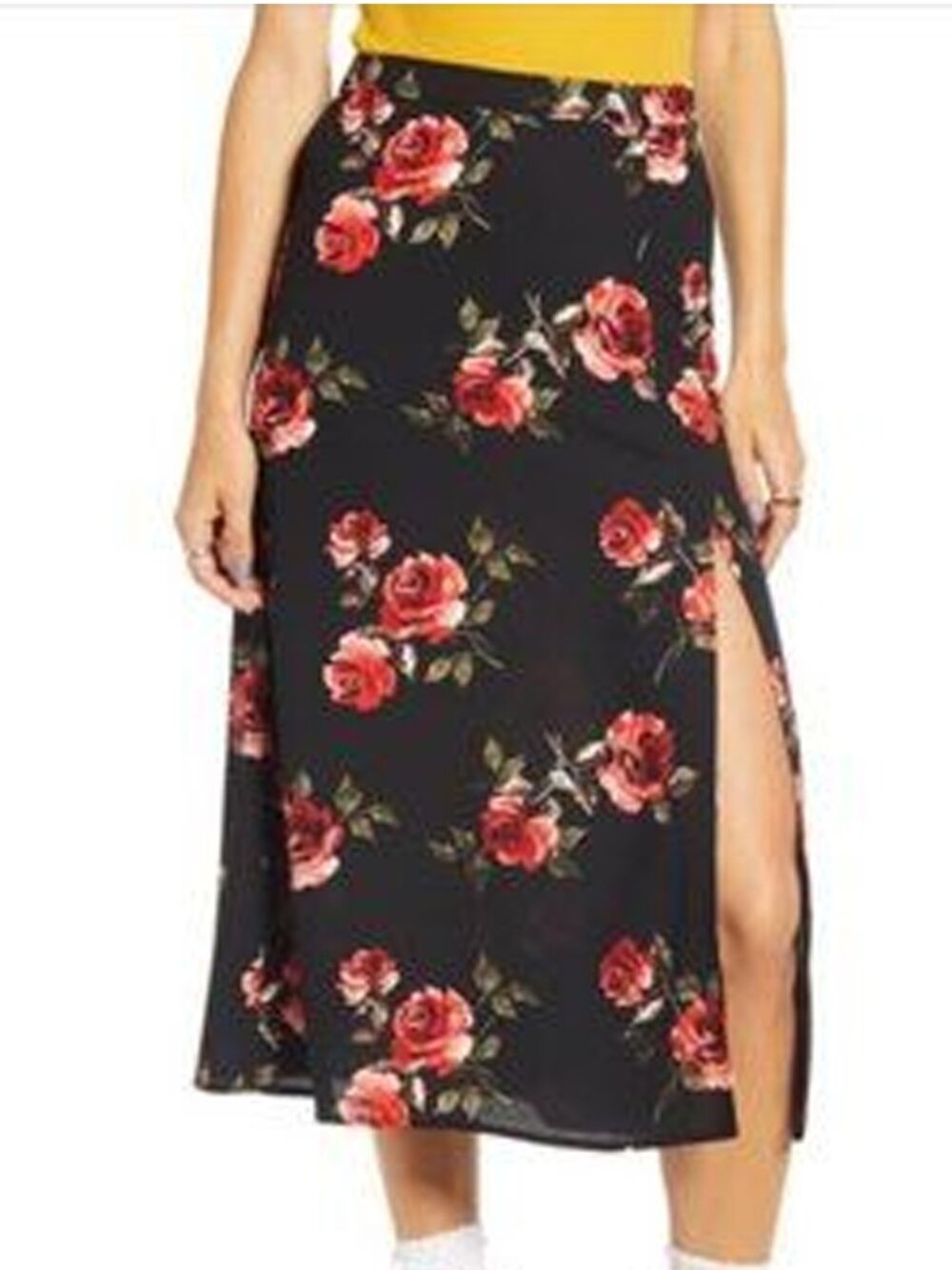 BP X Claudia Sulewski Black & Red Front Slit Midi Floral Skirt, Size Large